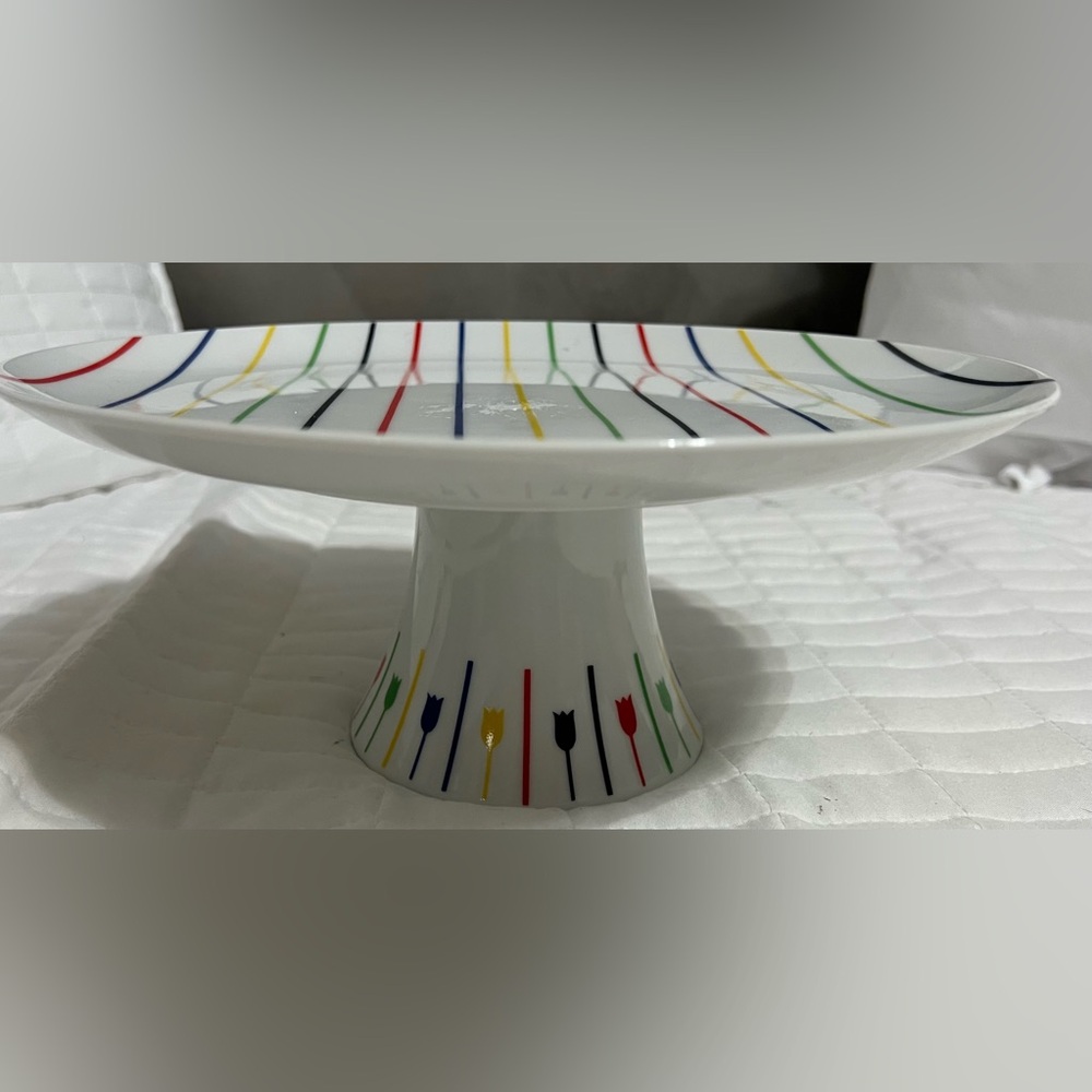 Georges Briard “Palette” multi-colored stripes with tulip patterns cake stand - Picture 3 of 8